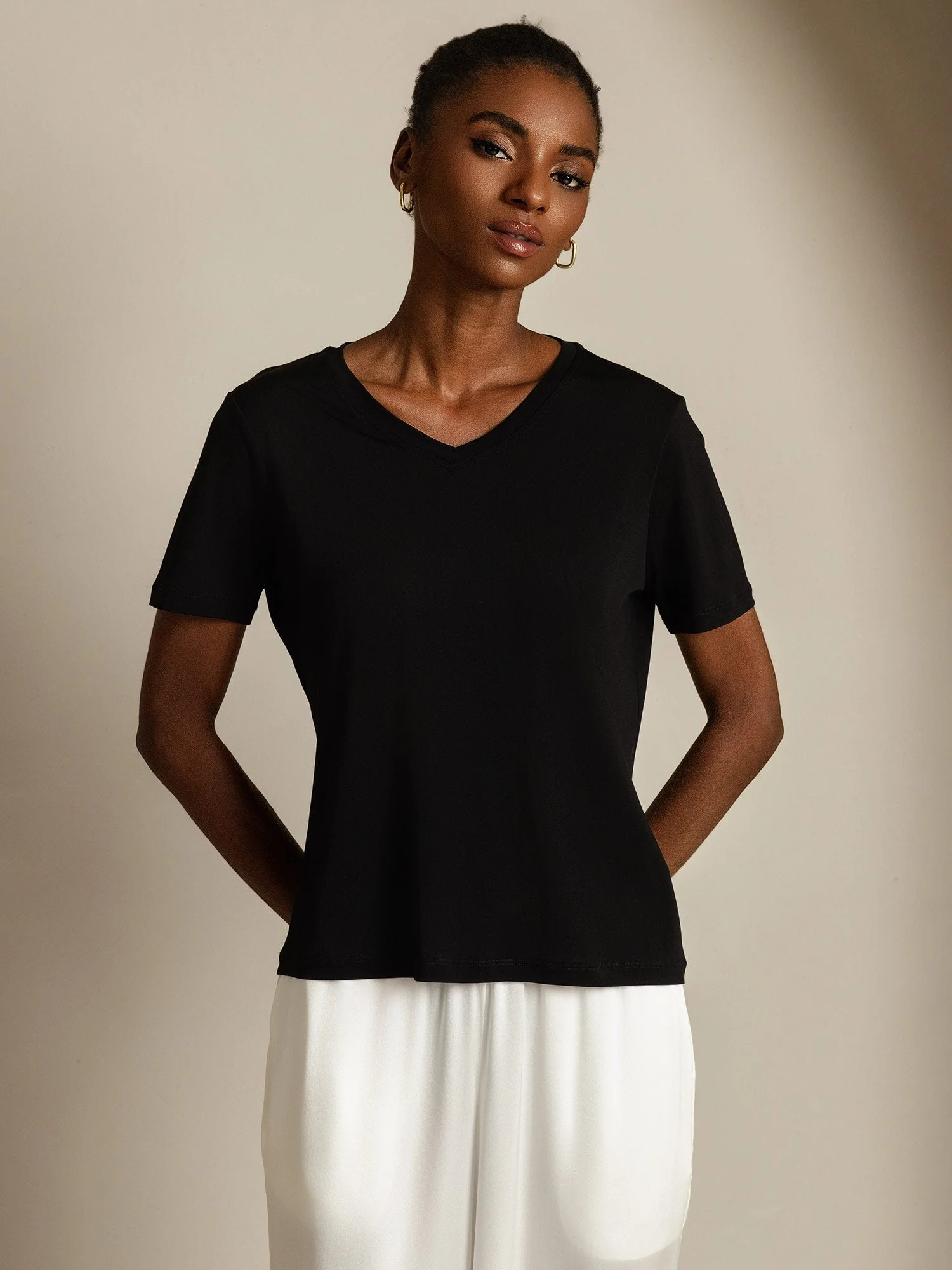Pure Silk V-Hals Korta Ärmar Snag-Resistant T-Shirt för Damer - Image 30
