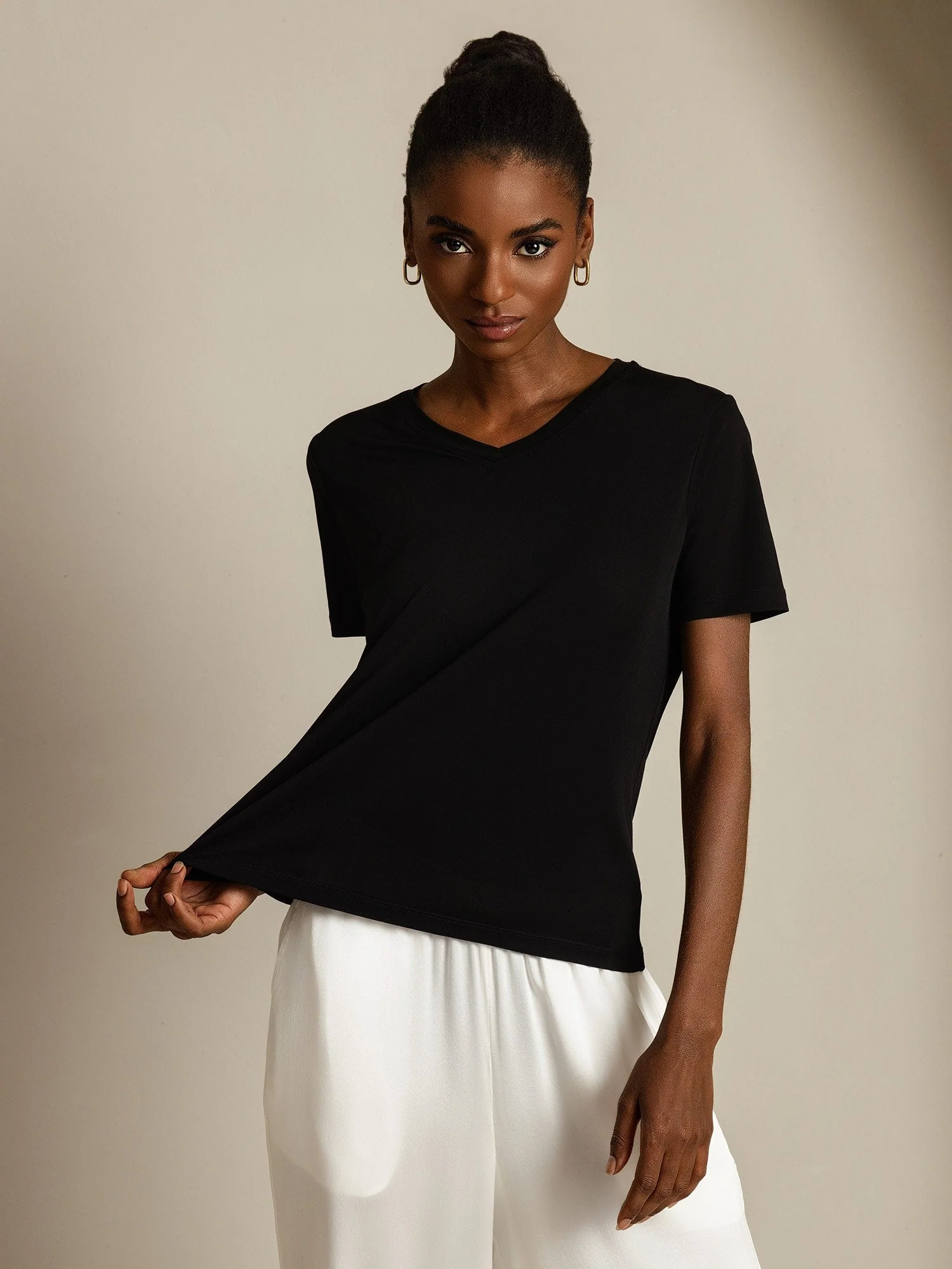 Pure Silk V-Hals Korta Ärmar Snag-Resistant T-Shirt för Damer - Image 35