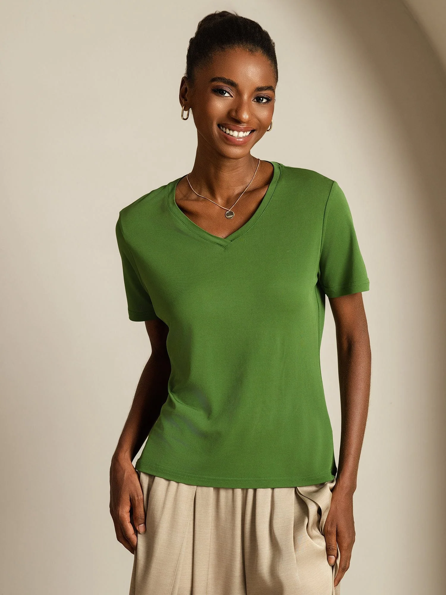 Pure Silk V-Hals Korta Ärmar Snag-Resistant T-Shirt för Damer - Image 40