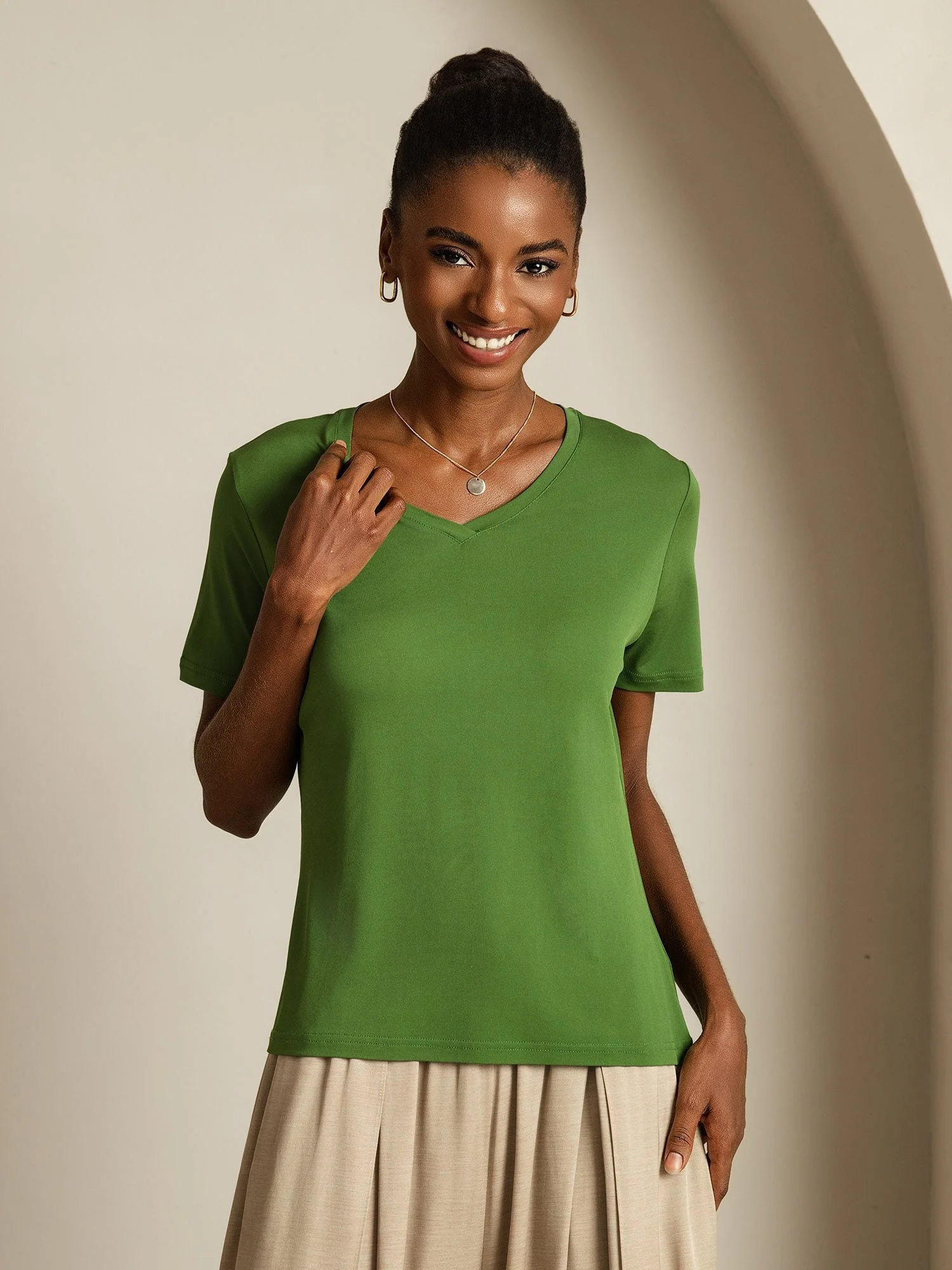 Pure Silk V-Hals Korta Ärmar Snag-Resistant T-Shirt för Damer - Image 42