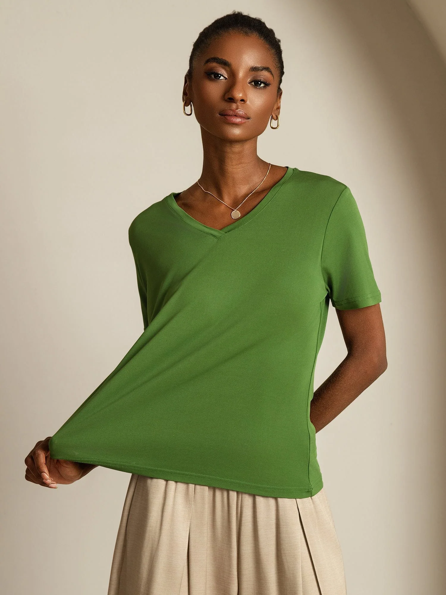 Pure Silk V-Hals Korta Ärmar Snag-Resistant T-Shirt för Damer - Image 43