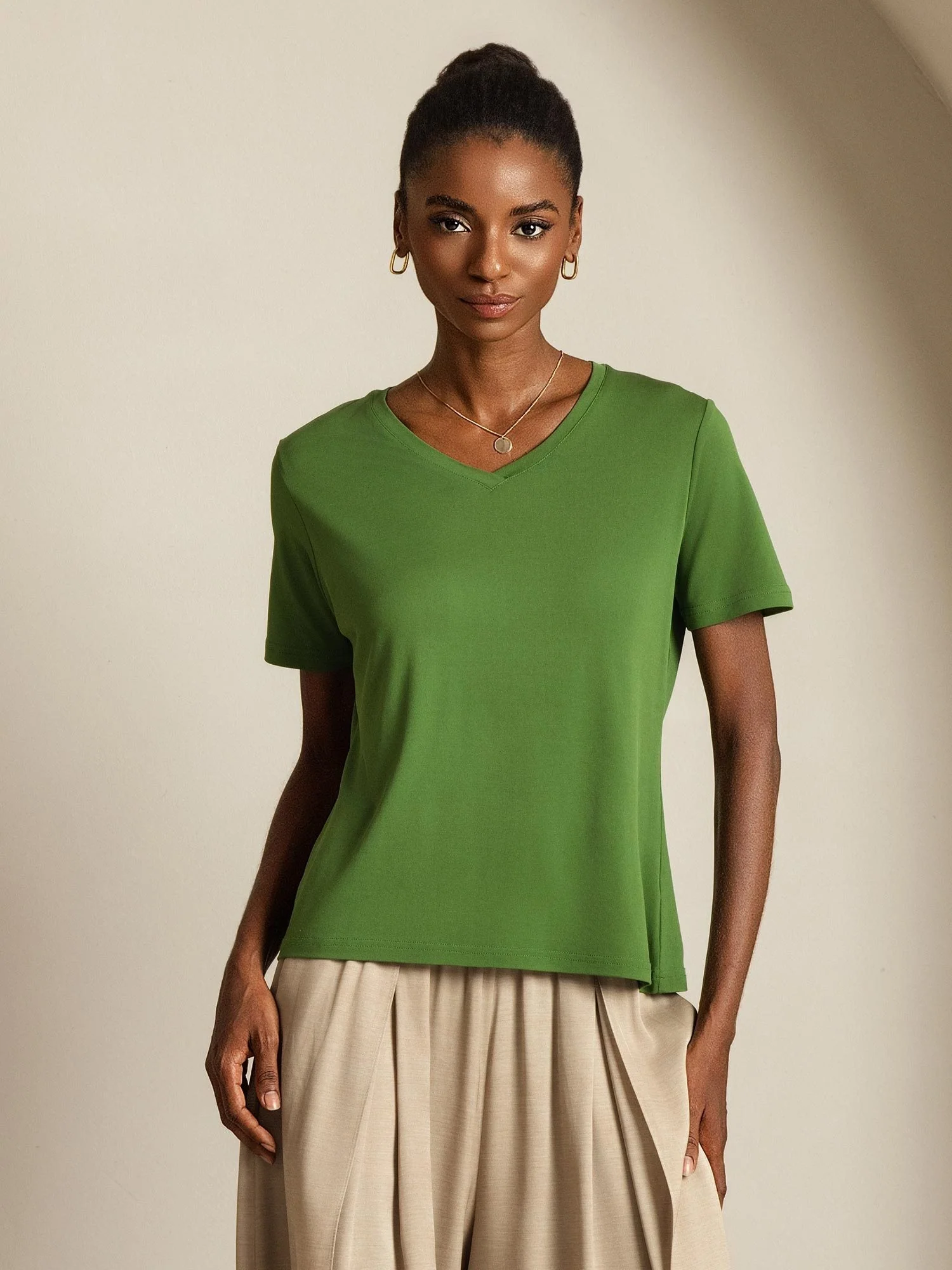 Pure Silk V-Hals Korta Ärmar Snag-Resistant T-Shirt för Damer - Image 45