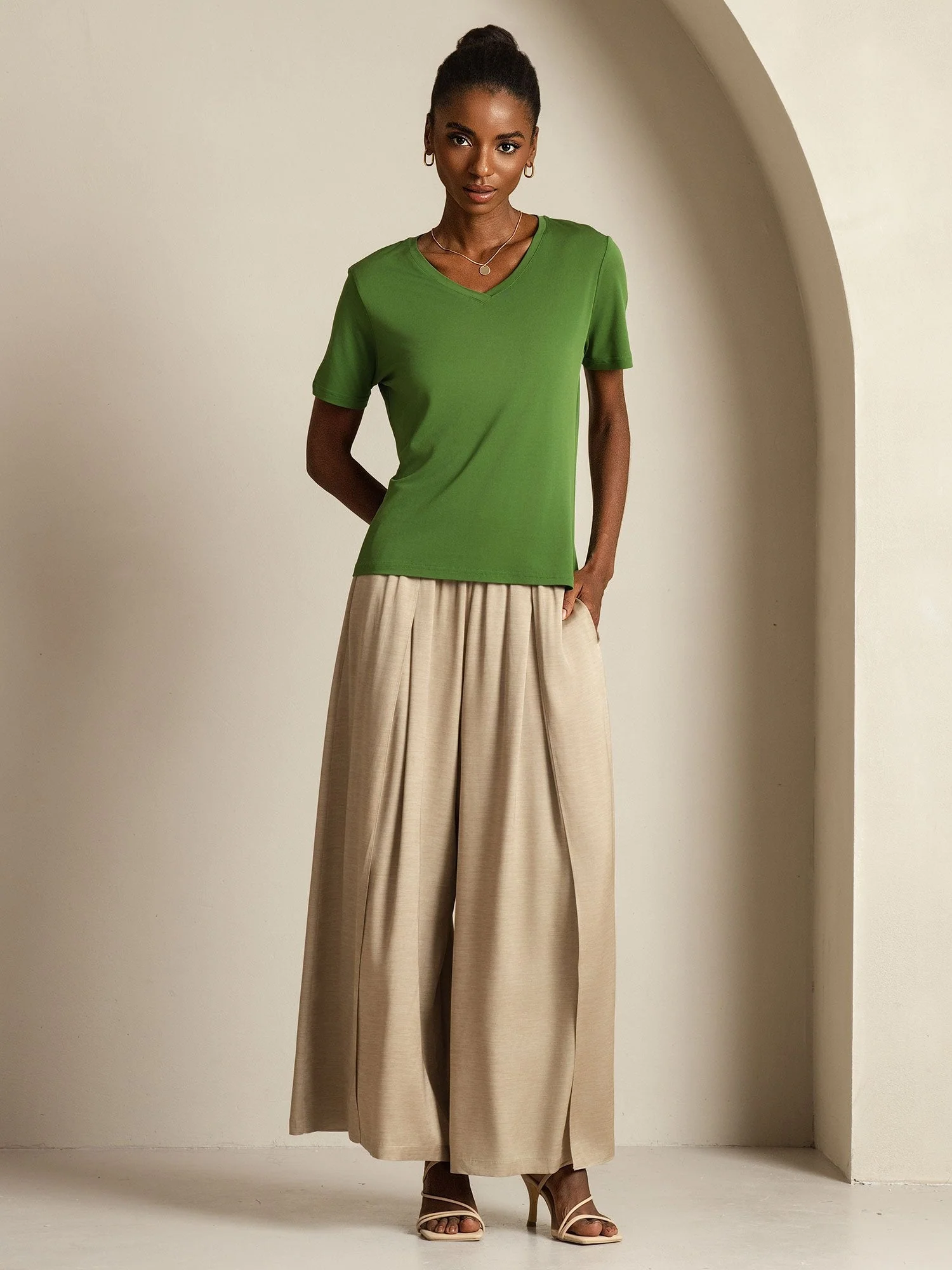 Pure Silk V-Hals Korta Ärmar Snag-Resistant T-Shirt för Damer - Image 46