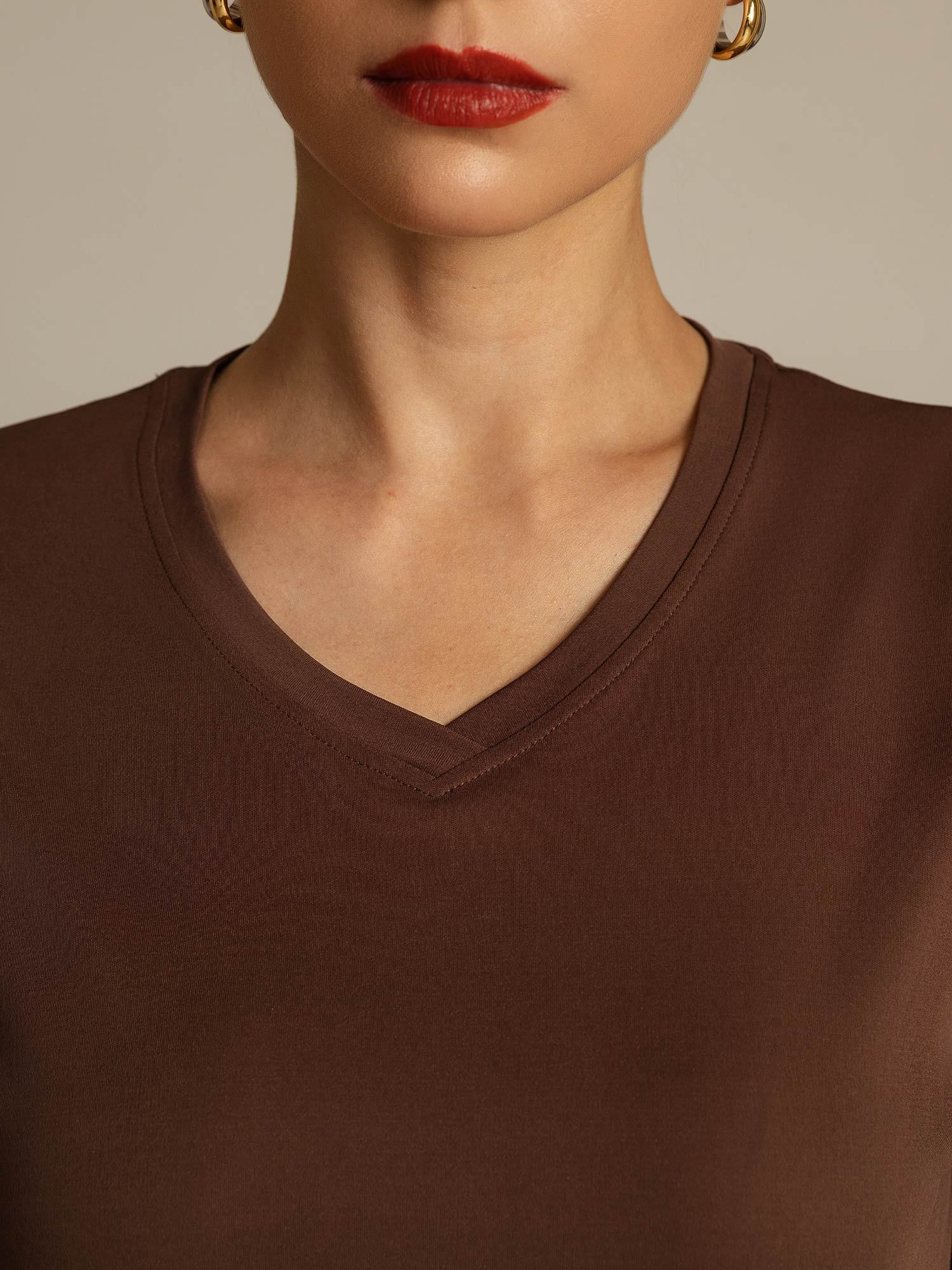 Pure Silk V-Hals Korta Ärmar Snag-Resistant T-Shirt för Damer - Image 50