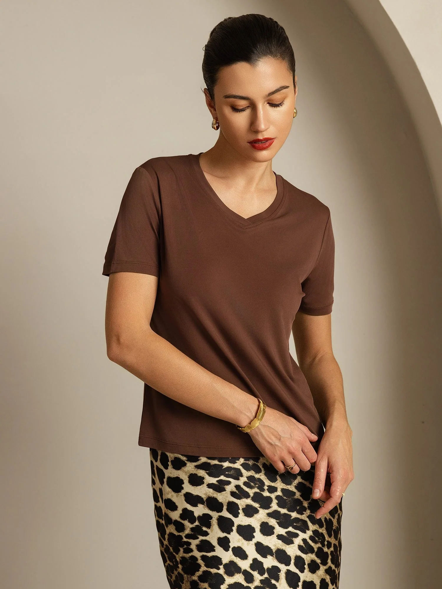 Pure Silk V-Hals Korta Ärmar Snag-Resistant T-Shirt för Damer - Image 52