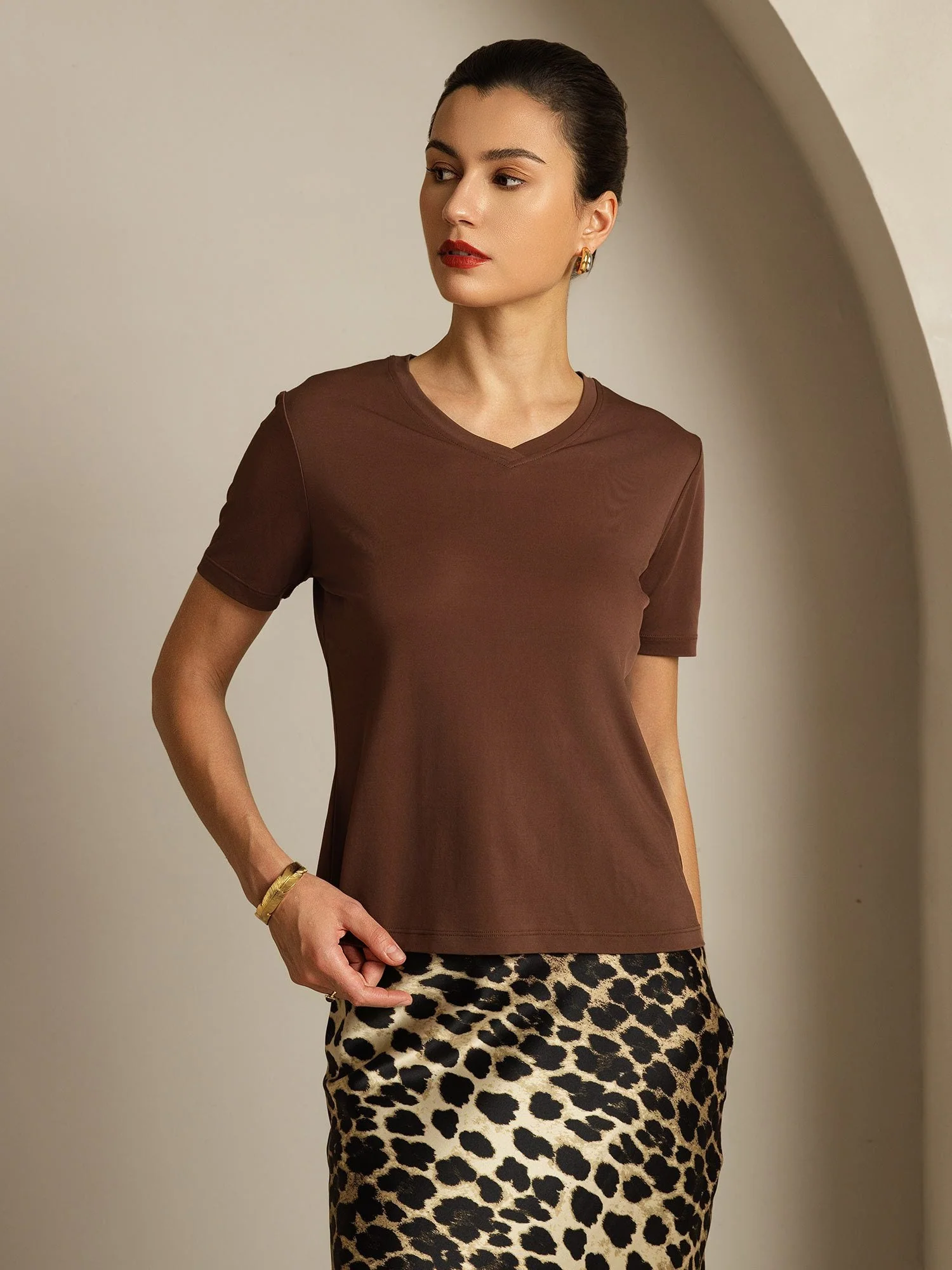 Pure Silk V-Hals Korta Ärmar Snag-Resistant T-Shirt för Damer - Image 53