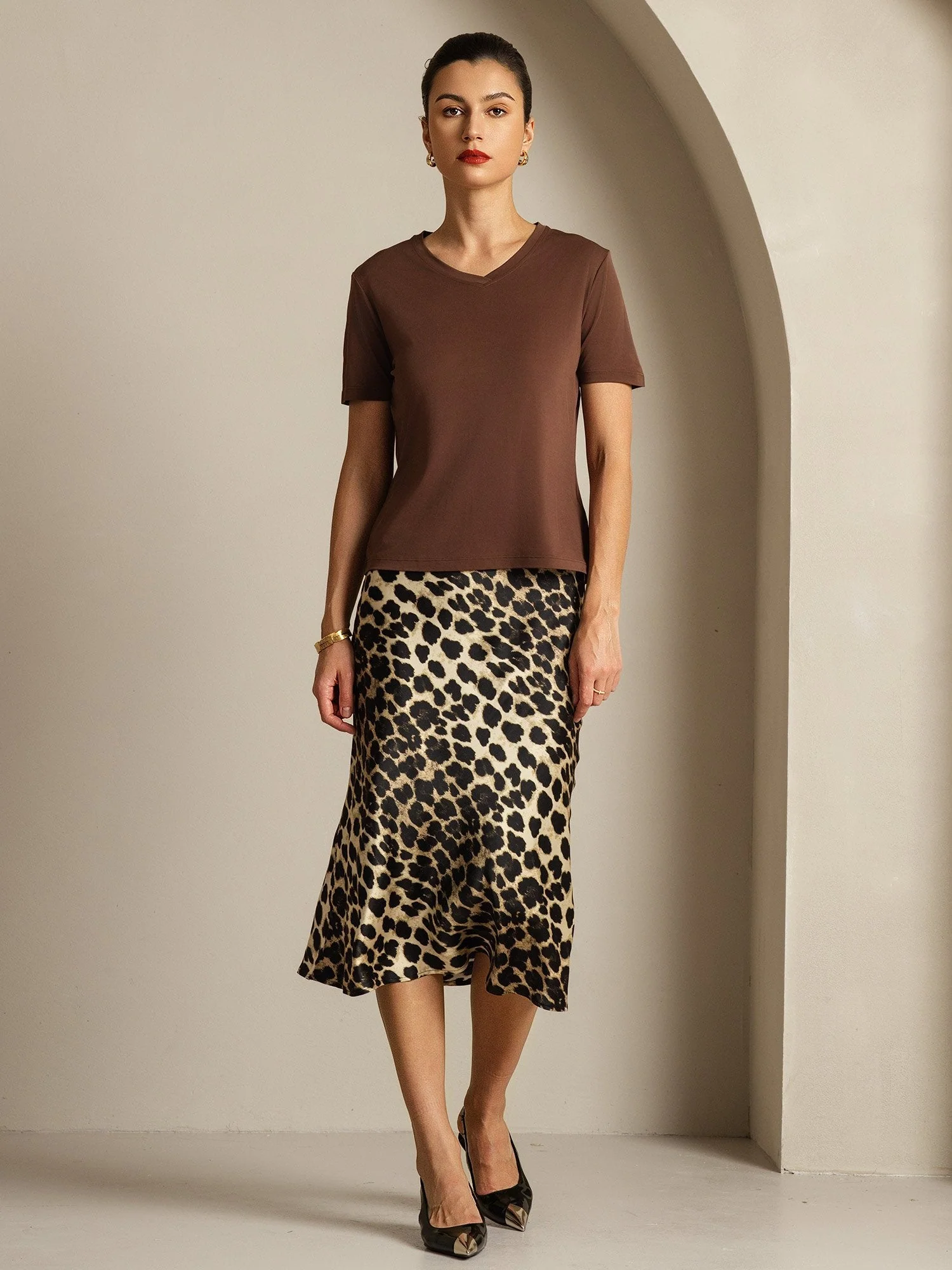 Pure Silk V-Hals Korta Ärmar Snag-Resistant T-Shirt för Damer - Image 54