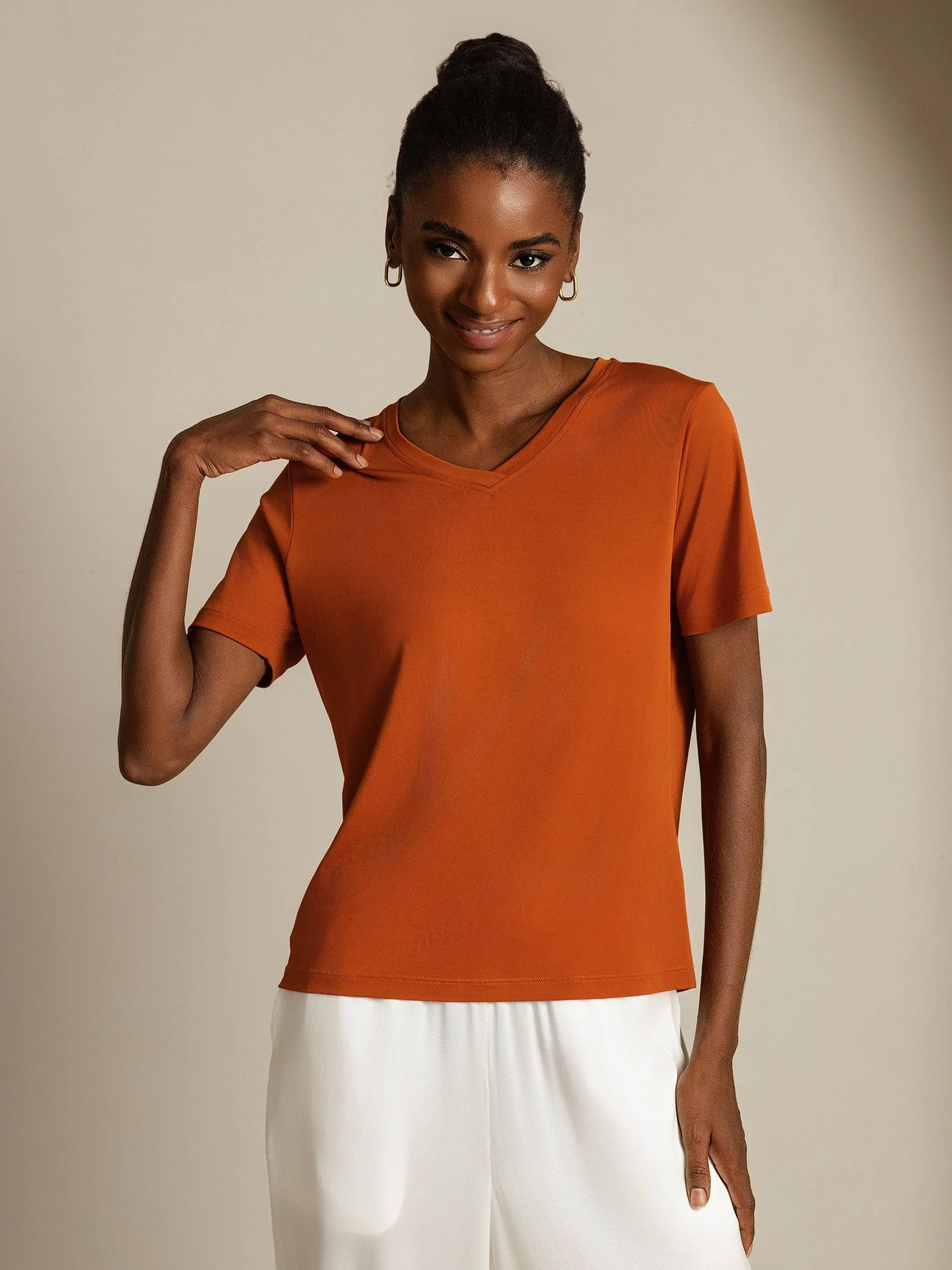 Pure Silk V-Hals Korta Ärmar Snag-Resistant T-Shirt för Damer - Image 8