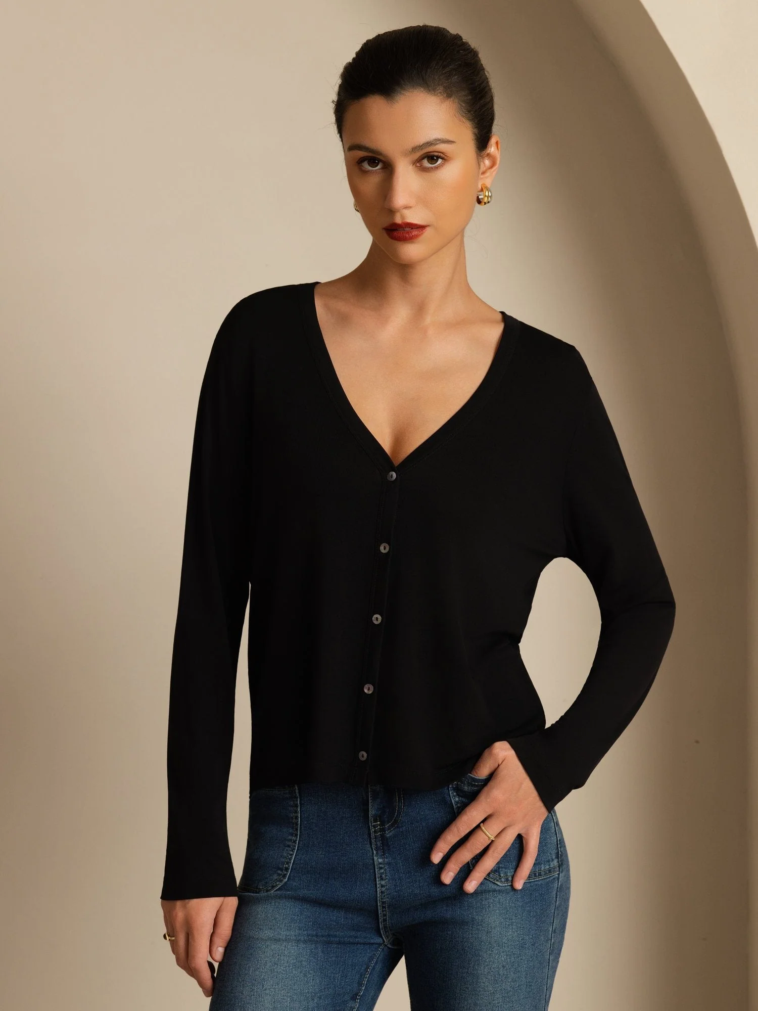 Pure Silk Dam V-Hals Långärmad Basic Kofta - Image 11