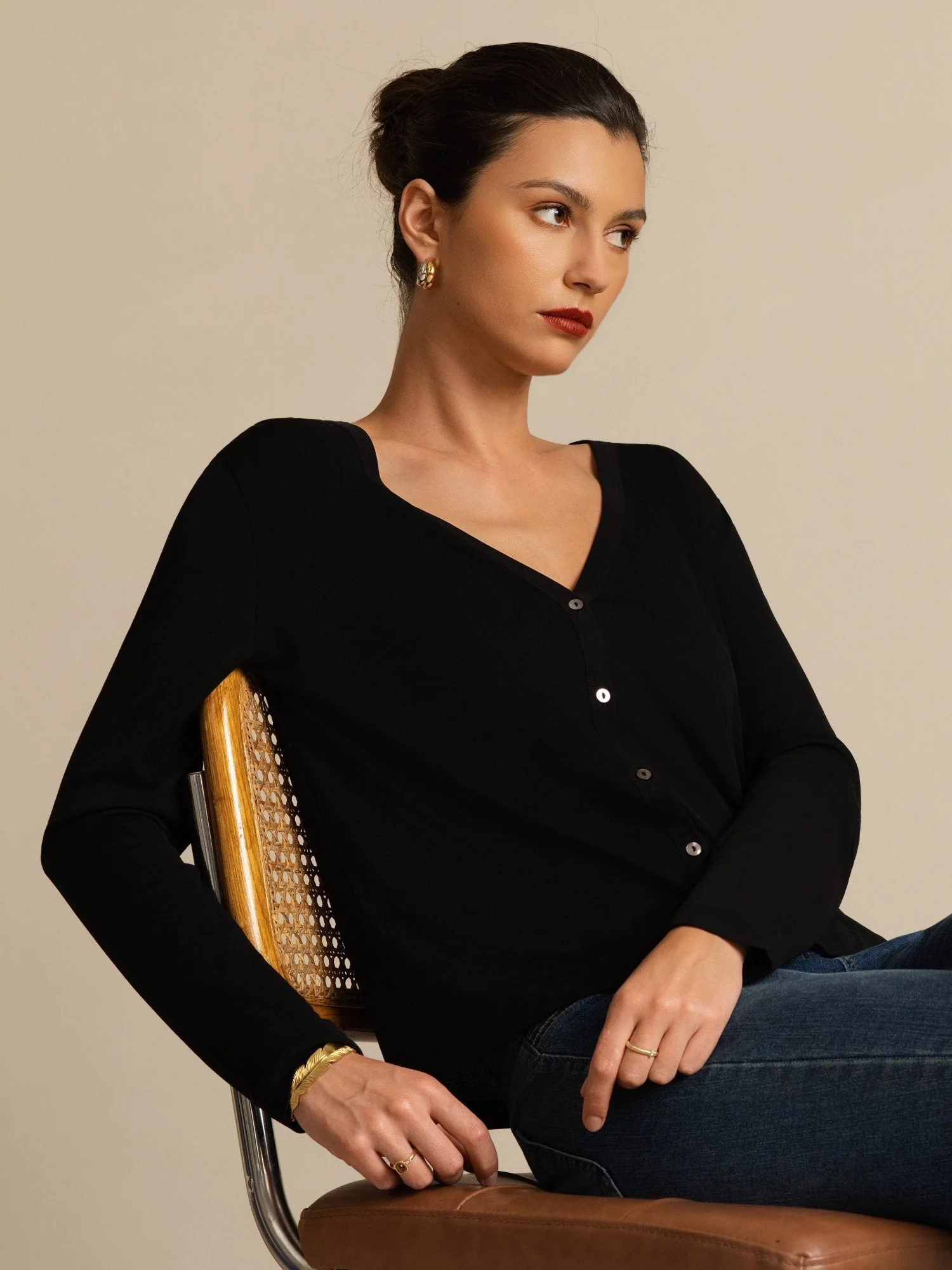 Pure Silk Dam V-Hals Långärmad Basic Kofta - Image 12