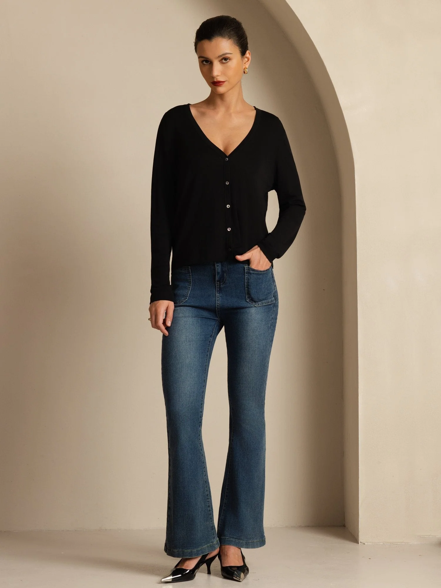 Pure Silk Dam V-Hals Långärmad Basic Kofta - Image 14