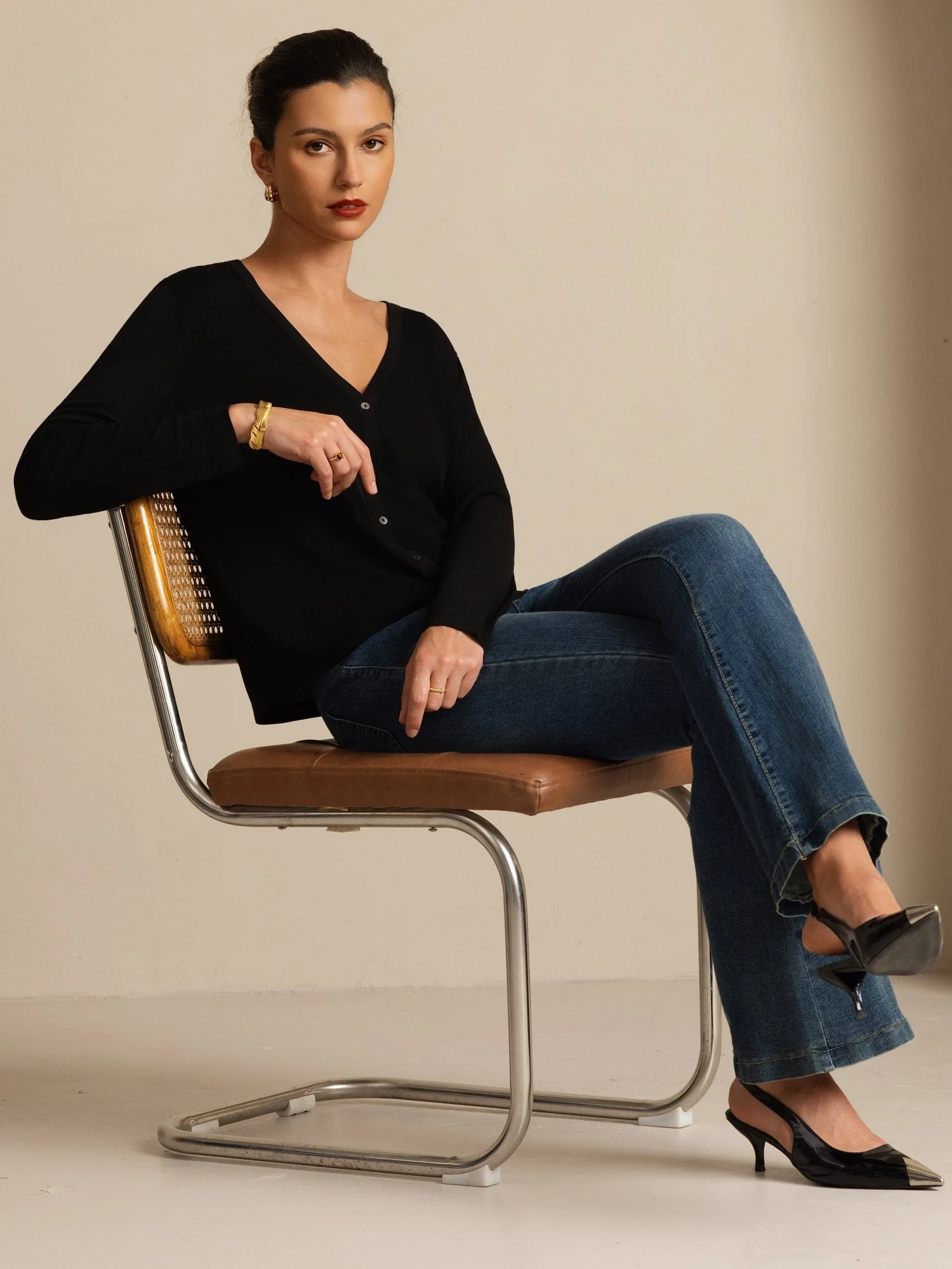 Pure Silk Dam V-Hals Långärmad Basic Kofta - Image 15