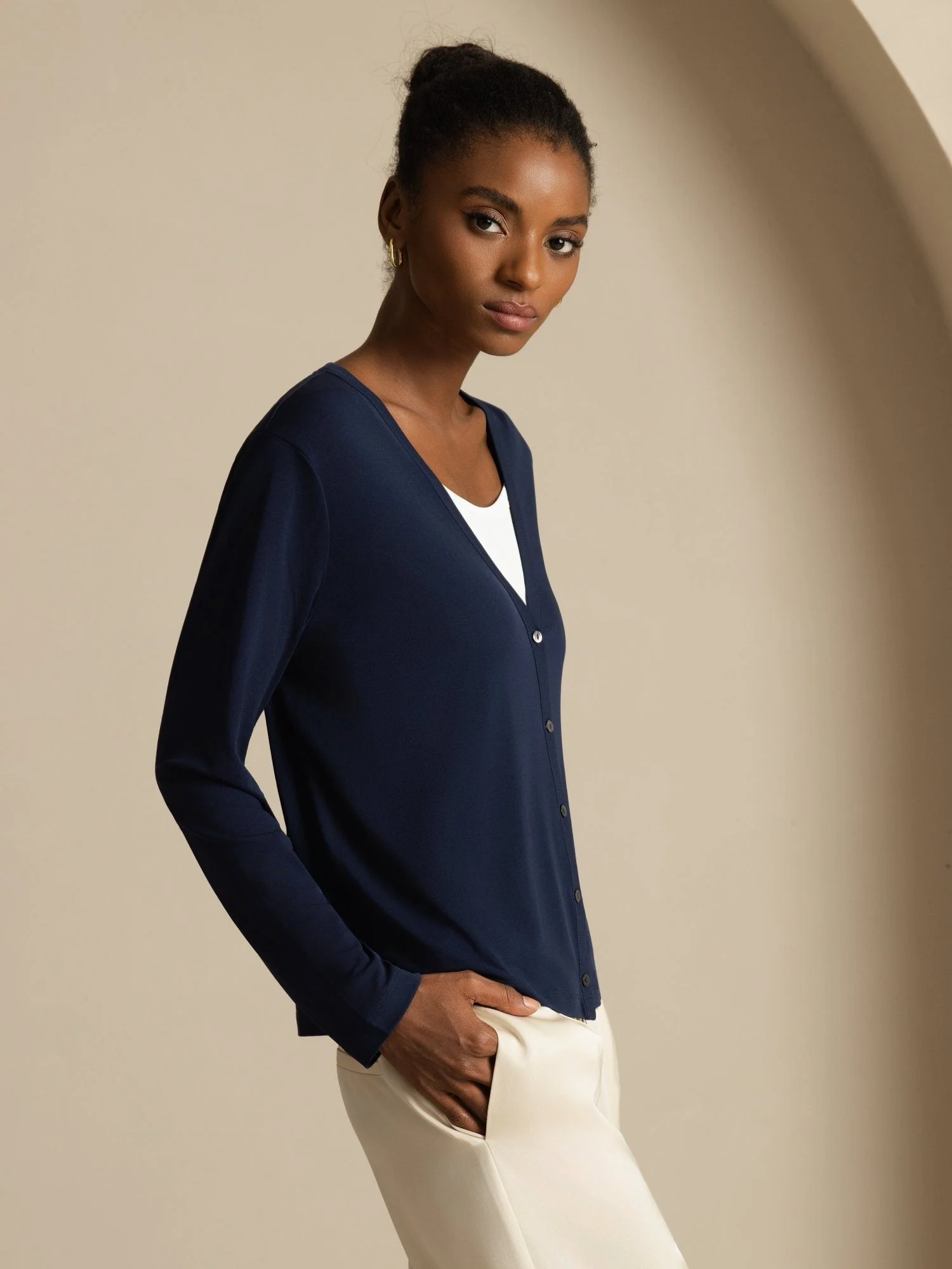 Pure Silk Dam V-Hals Långärmad Basic Kofta - Image 5