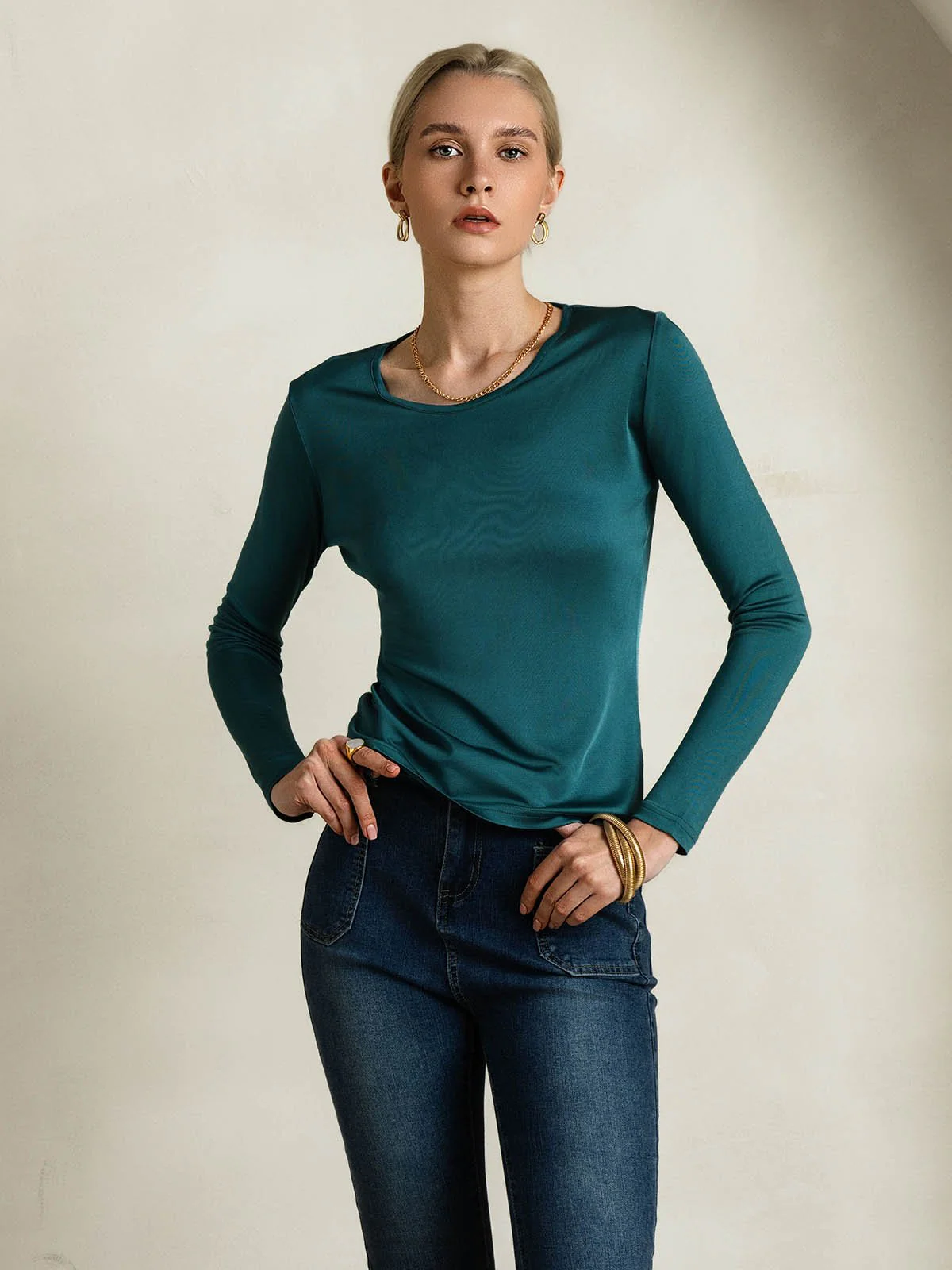 Silkesblandning Rund Hals Långärmad T-Shirt - Image 30