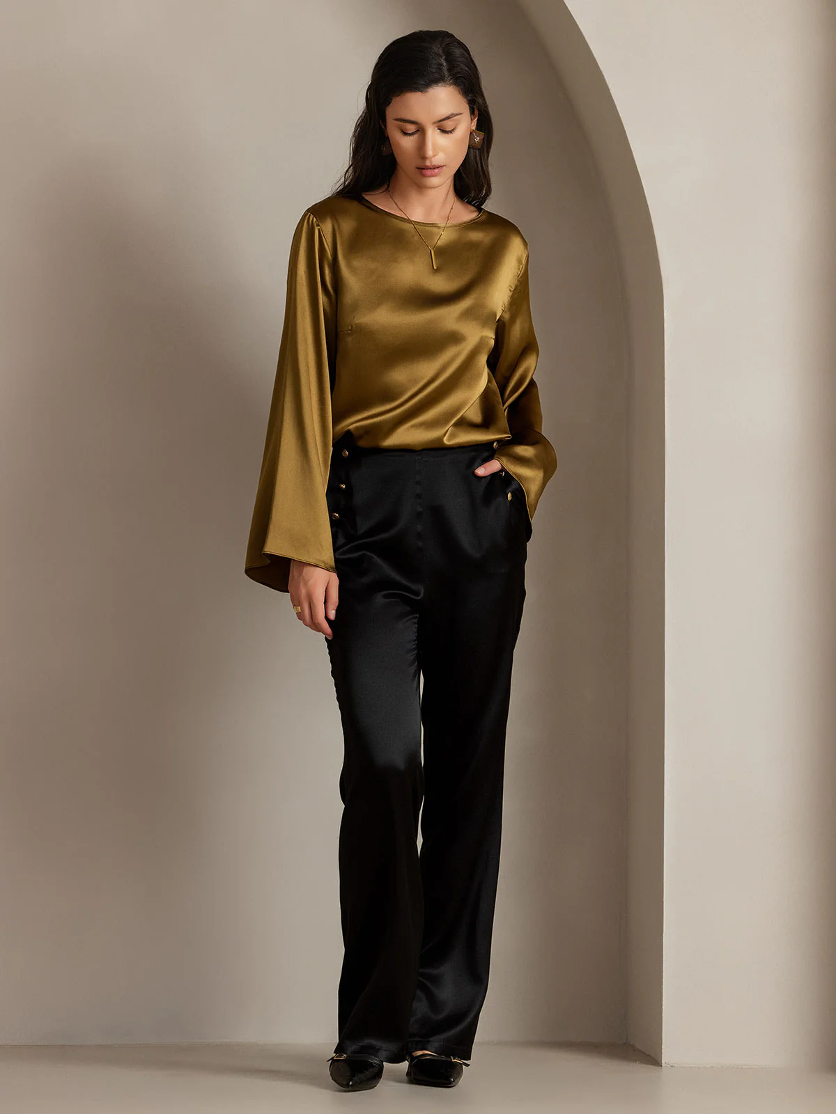 19Momme Silke Figursydda Knappfickor Kostymbyxor - Image 7