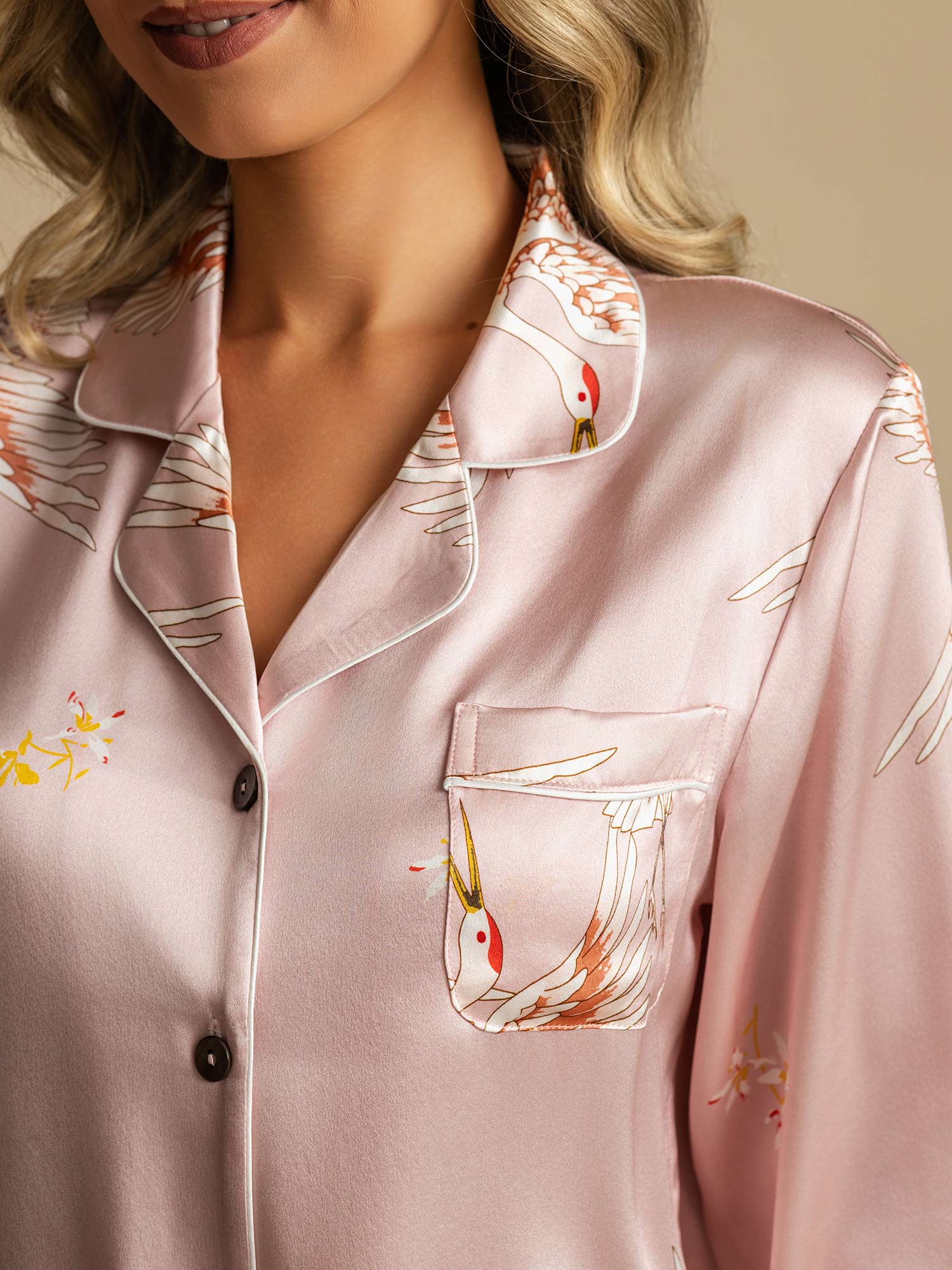 19Momme Pyjamaset I Ren Siden För Damer Med Tranmönster Och Långärmad Slagkrage - Image 4